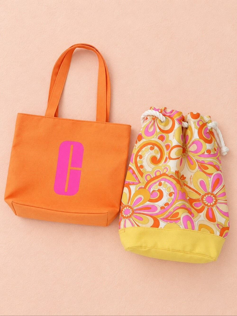 Clinique Tote & Drawstring Beach Bag Lot 2 Orange Paisley Floral Retro Style